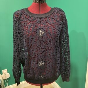 Lafayette 148 New York Women's Navy Cirilla Lace Illusion Blouse, Size M